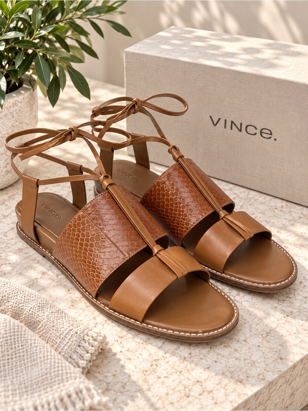 Vince Forster Brown Leather Watersnake Ankle Wrap Sandals Women’s 11